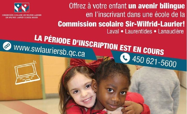 SWLSB flyer advertising registration in our school board in French with the website address: www.swlauriersb.qc.ca and the telephone number: 450-621-5600